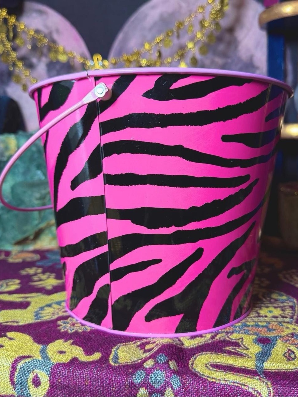 Pink Zebra Print Metal Tin Bucket